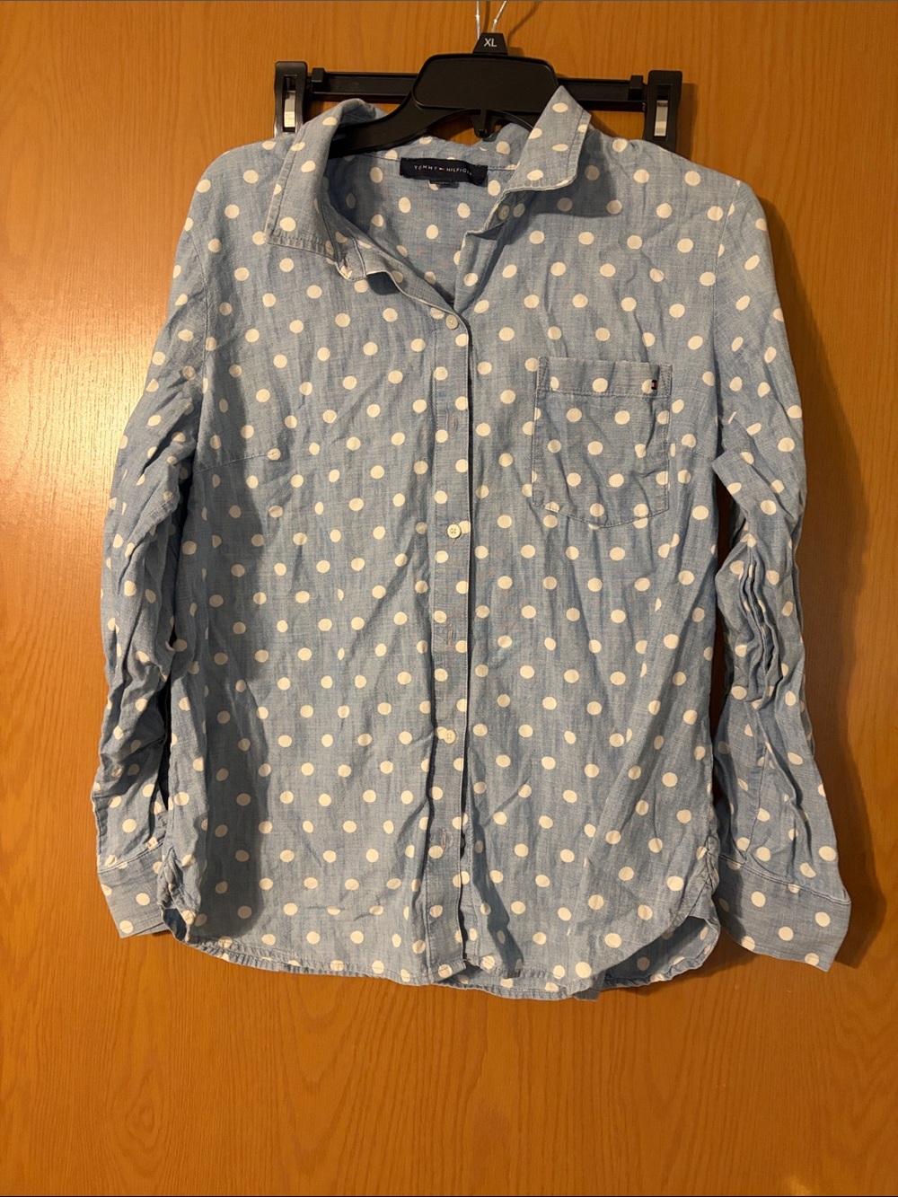 Tommy Hilfiger Light Blue and White Polka Dot Button-Down Shirt